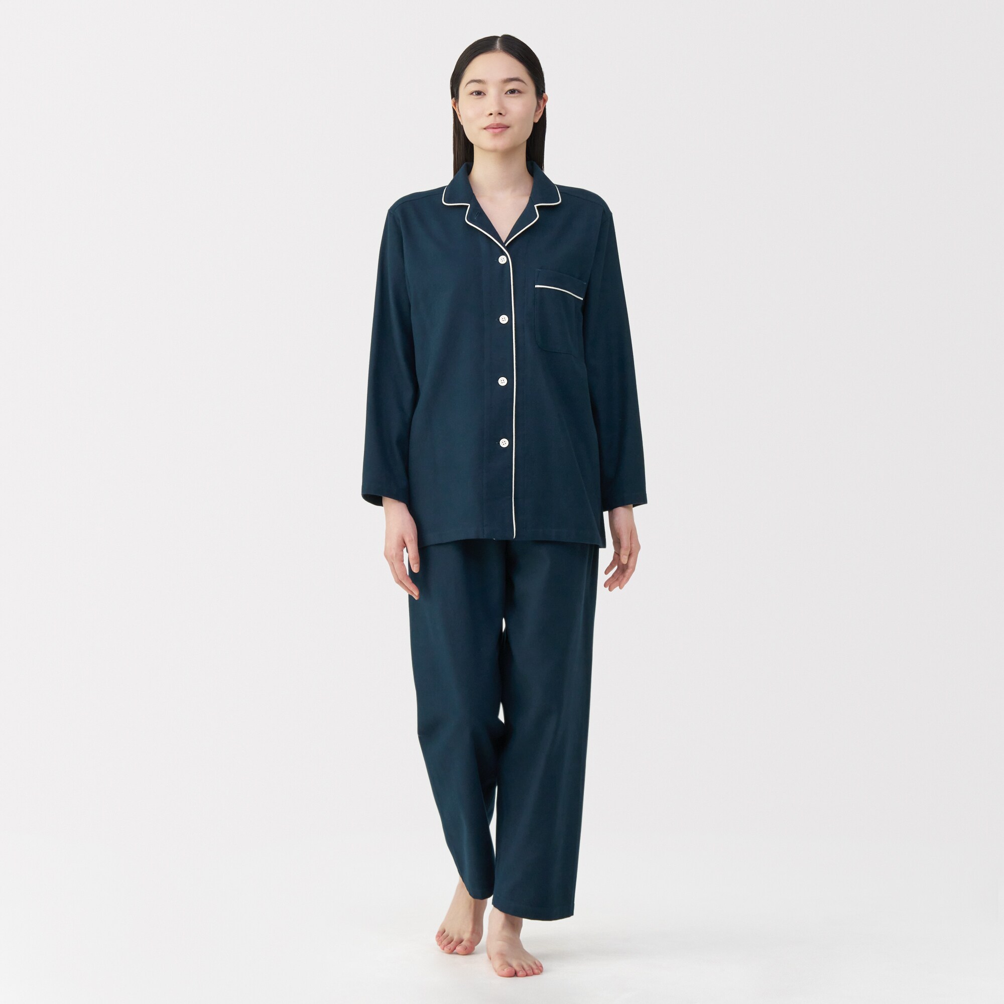 婦人　脇に縫い目のない　フランネル長袖パジャマ