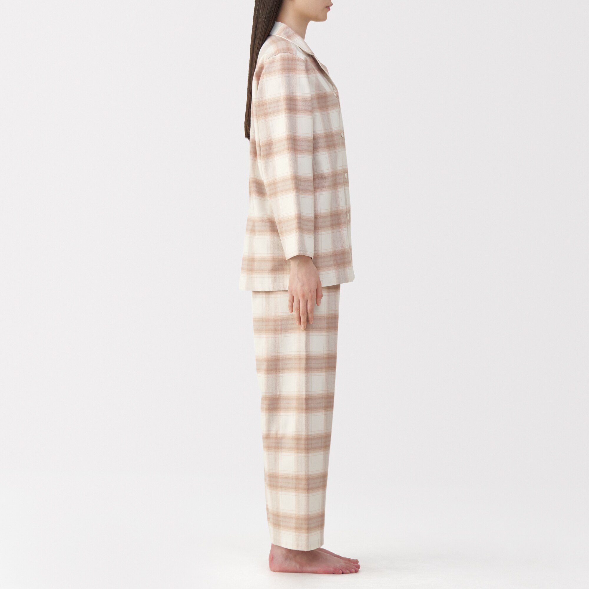 婦人　脇に縫い目のない　フランネル長袖パジャマ