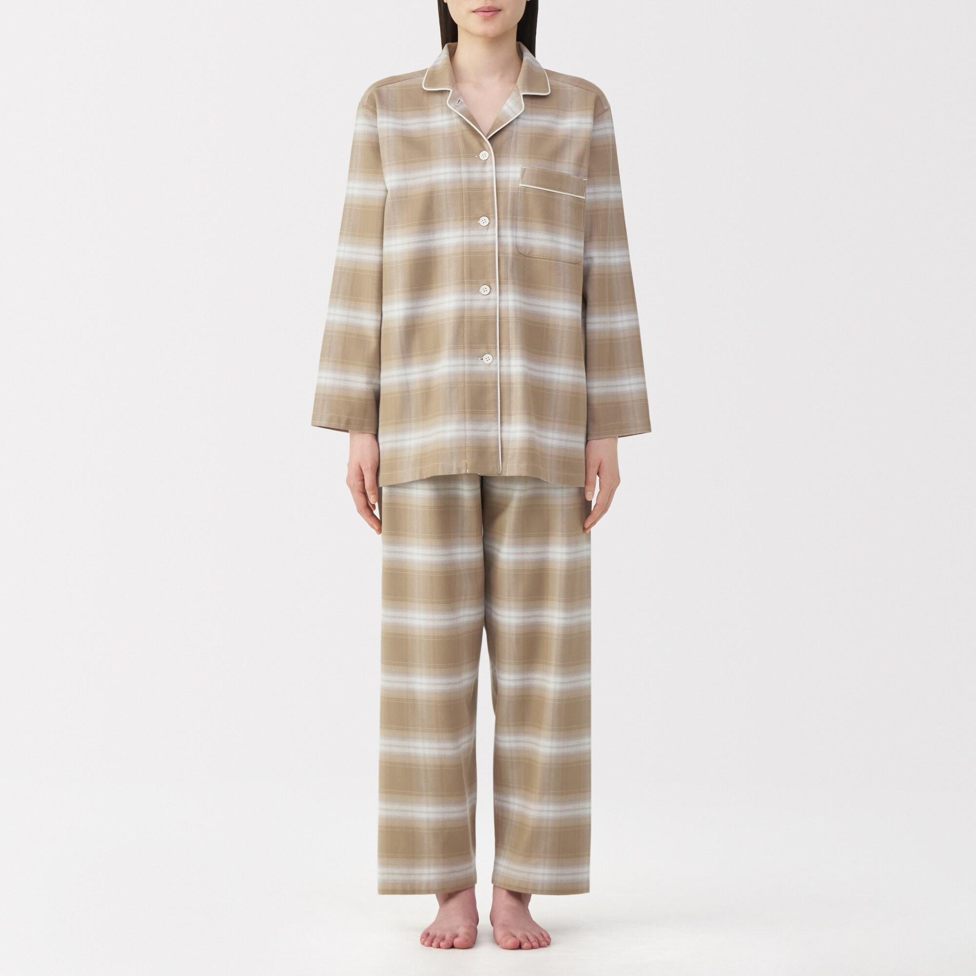 婦人　脇に縫い目のない　フランネル長袖パジャマ