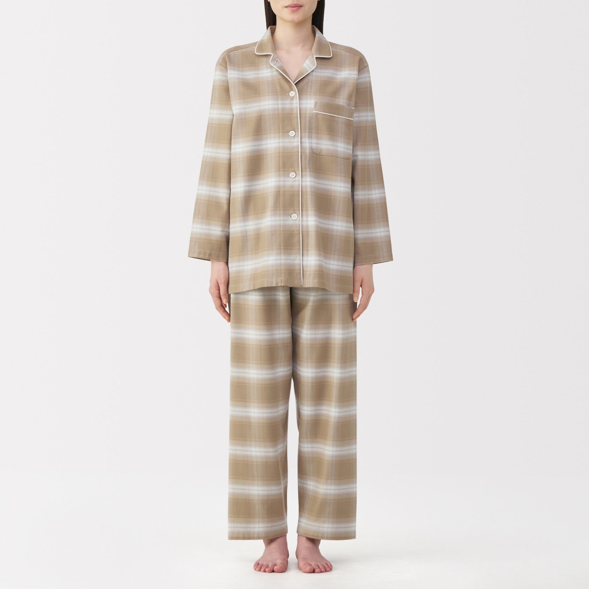 婦人　脇に縫い目のない　フランネル長袖パジャマ