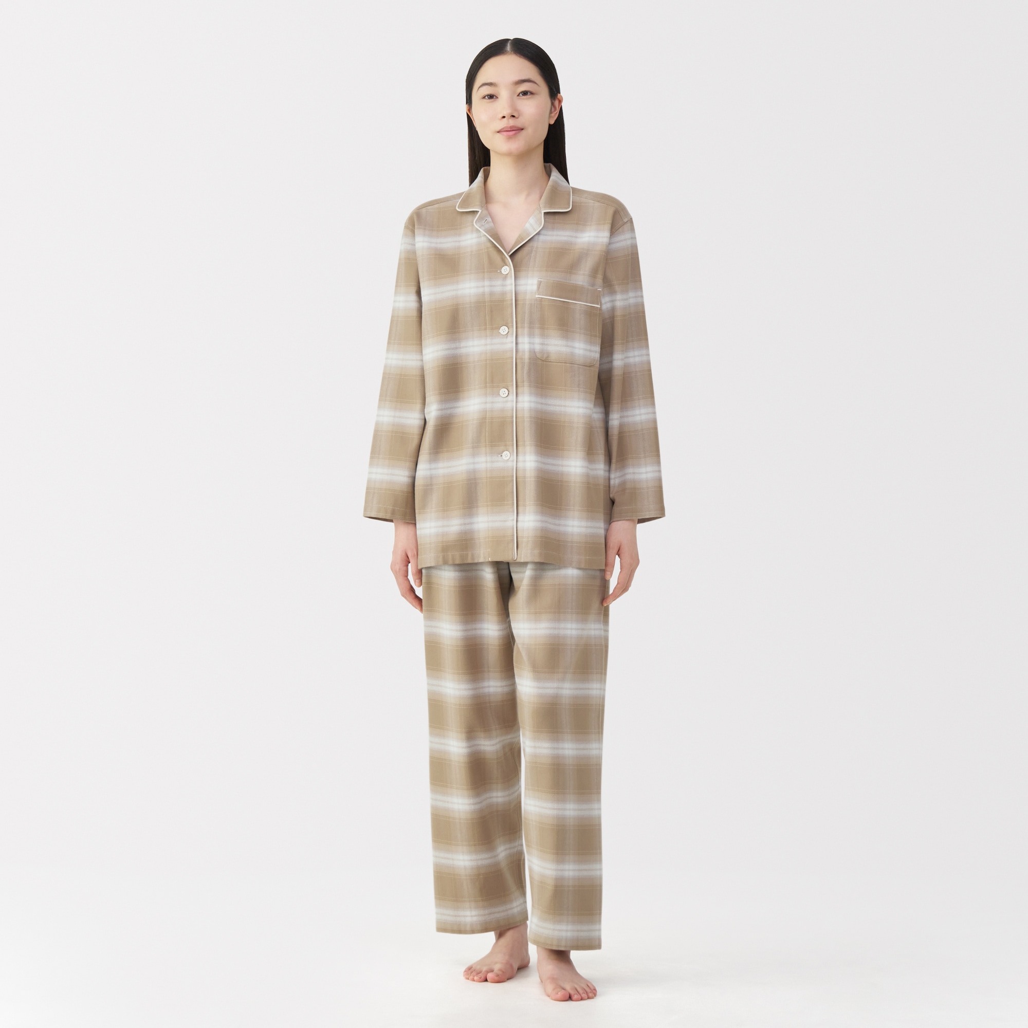 婦人　脇に縫い目のない　フランネル長袖パジャマ