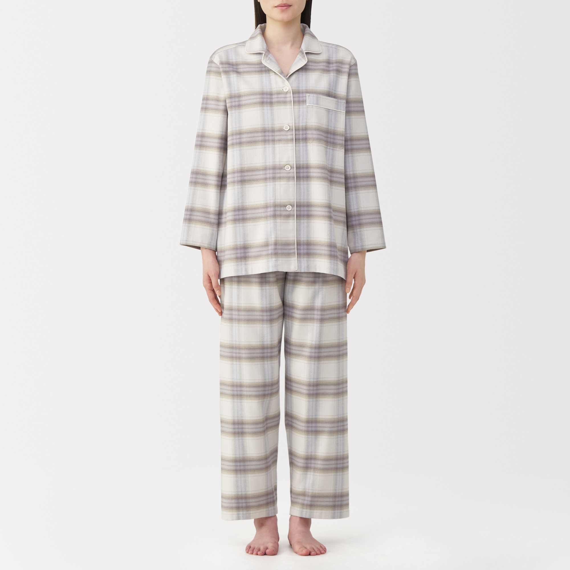 婦人　脇に縫い目のない　フランネル長袖パジャマ