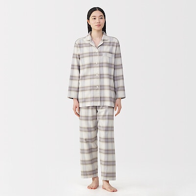 婦人　脇に縫い目のない　フランネル長袖パジャマ