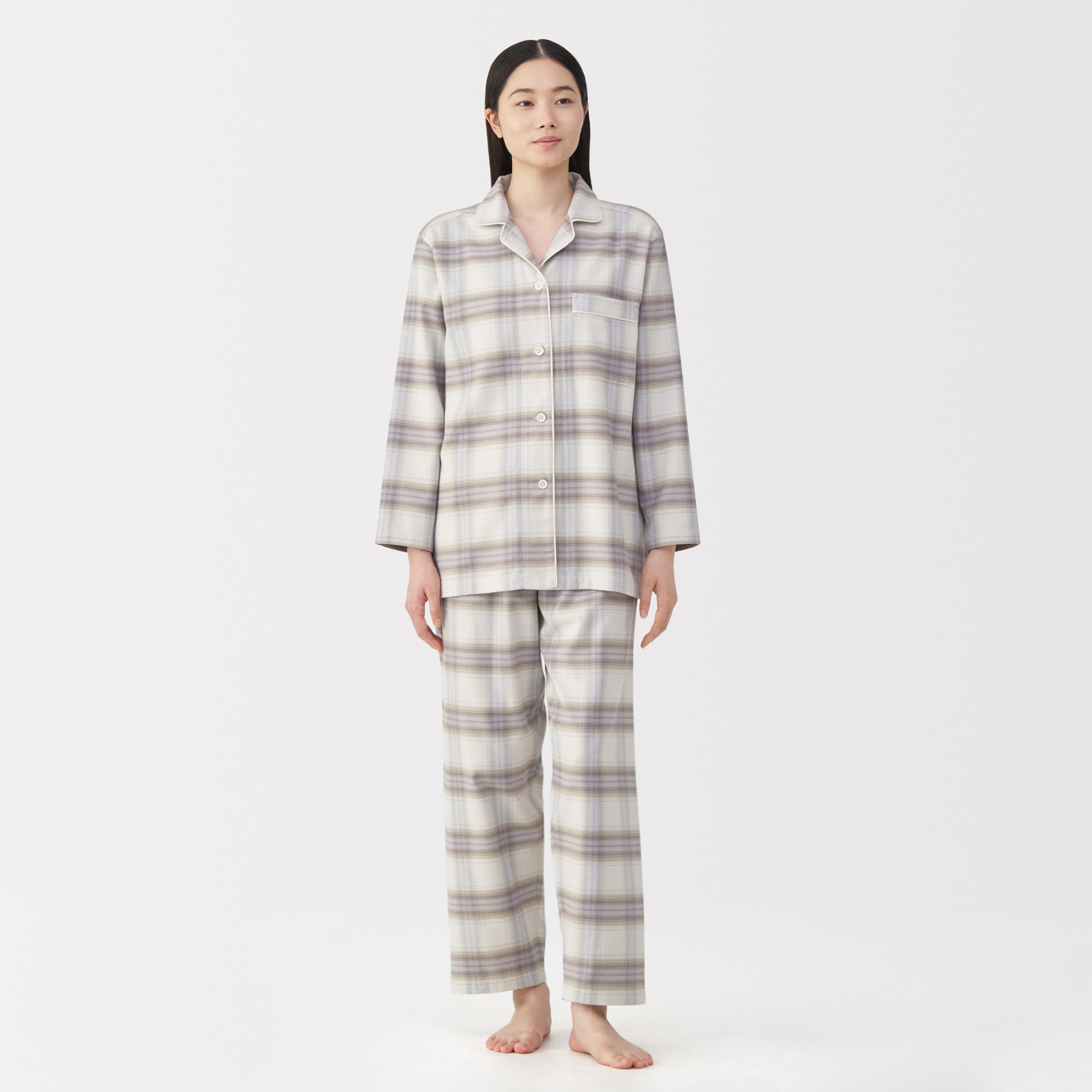 婦人　脇に縫い目のない　フランネル長袖パジャマ