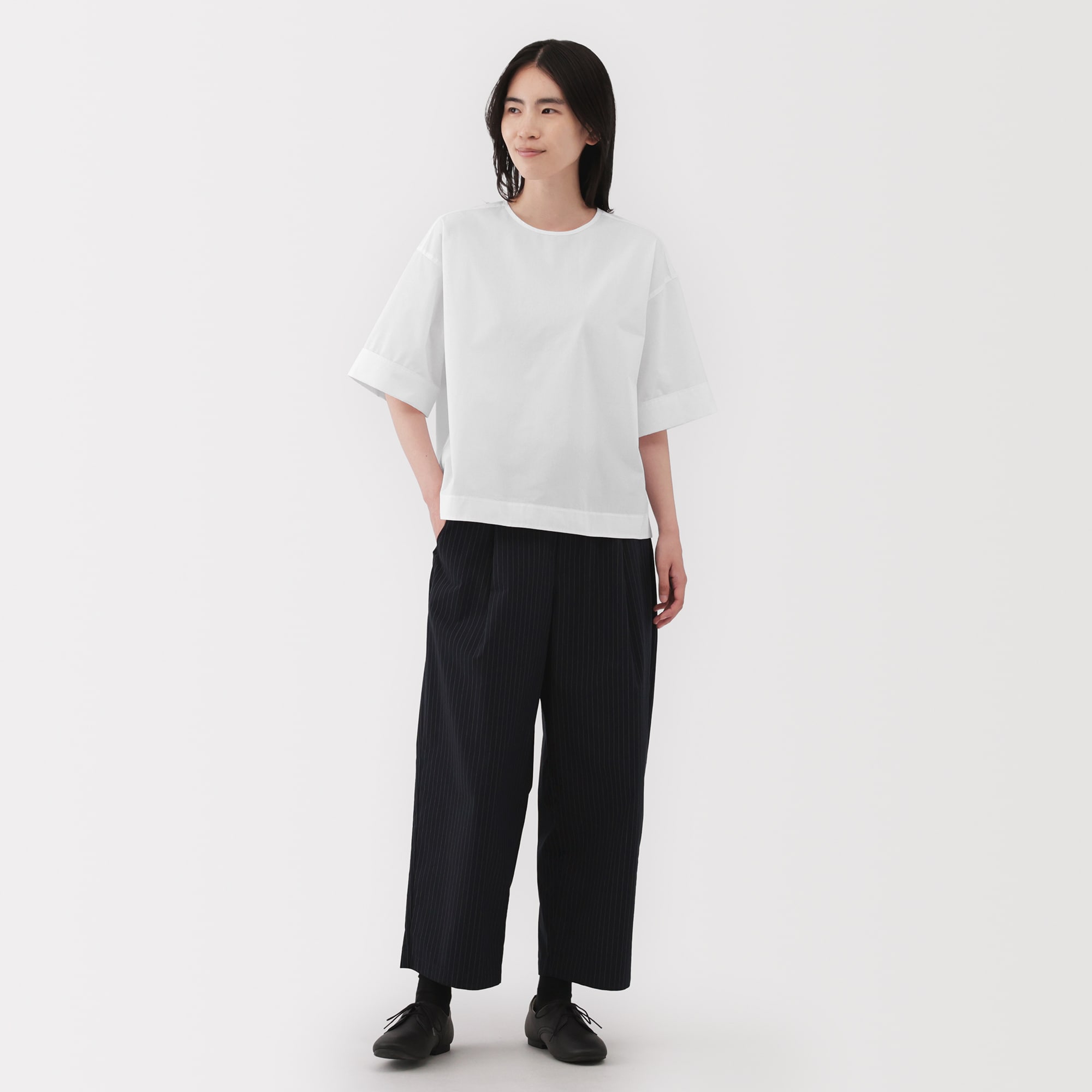 婦人　乾きやすい　ブロード五分袖ブラウス