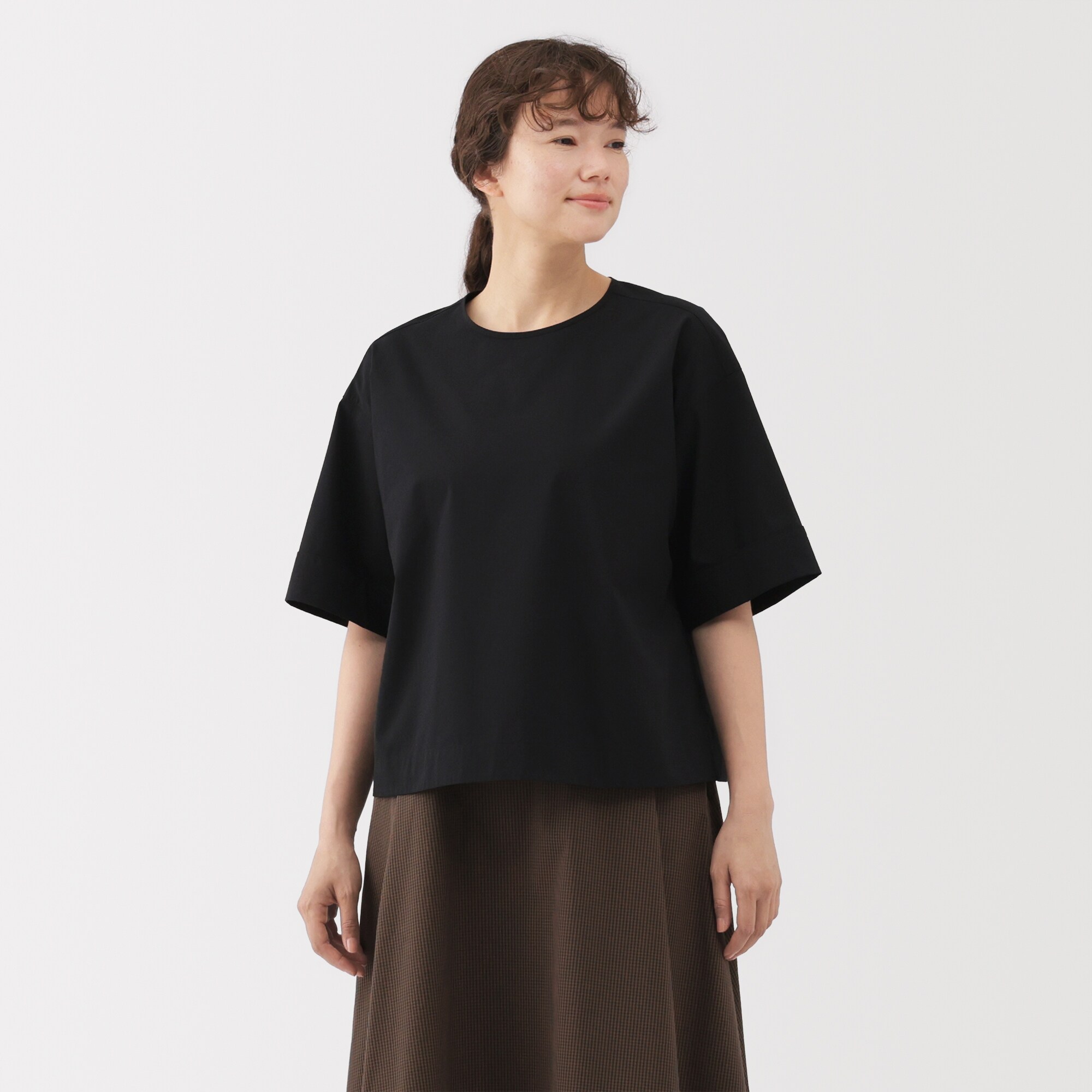 婦人　乾きやすい　ブロード五分袖ブラウス