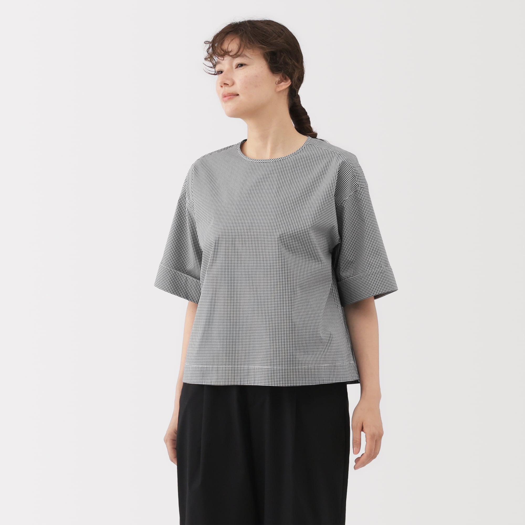 婦人　乾きやすい　ブロード五分袖ブラウス