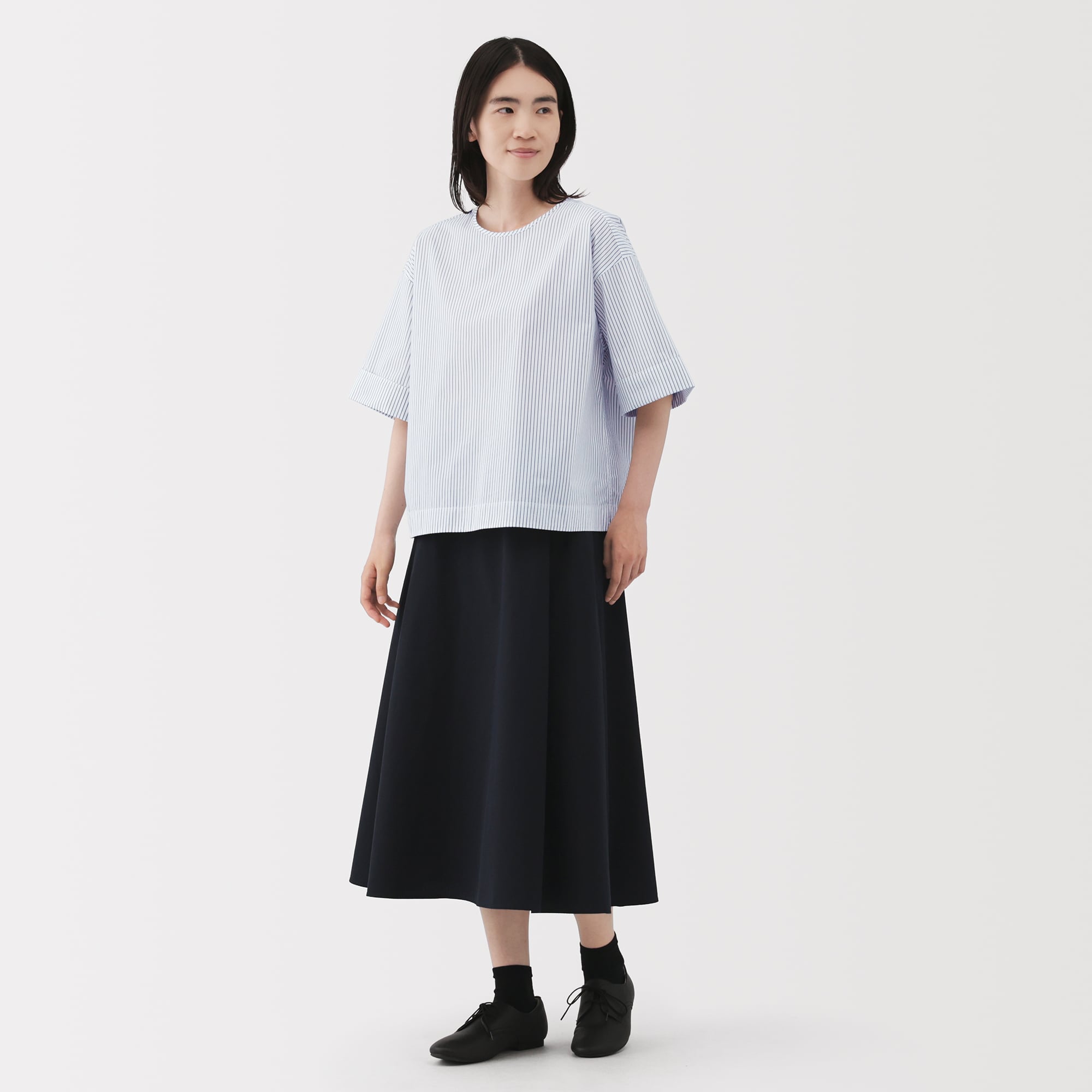 婦人　乾きやすい　ブロード五分袖ブラウス