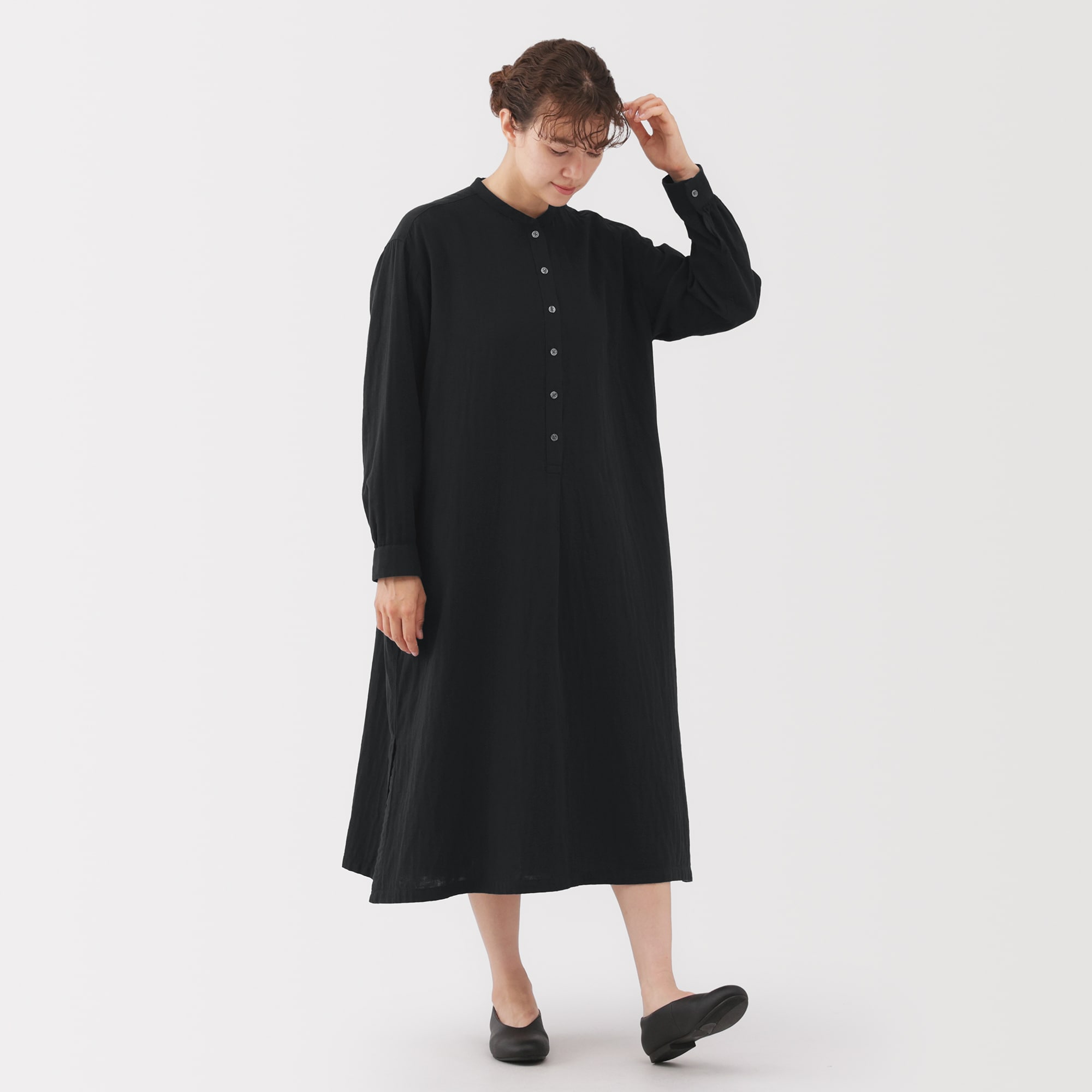 婦人 カポック混二重ガーゼ長袖ワンピース | 無印良品