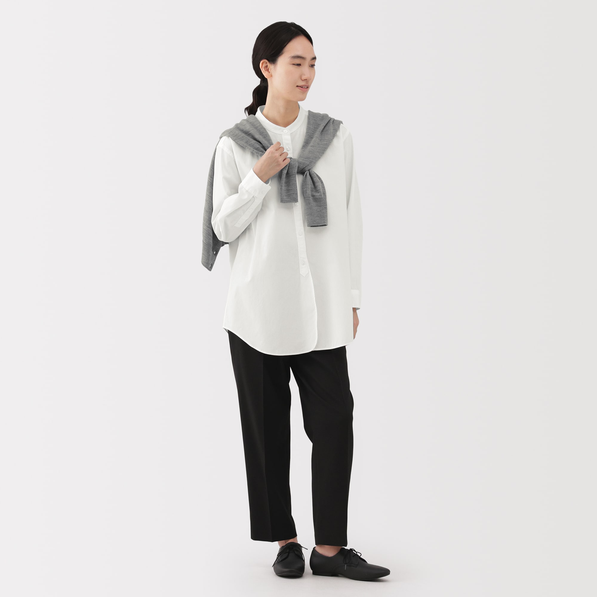 婦人　洗いざらし　ブロードスタンドカラー長袖ロングシャツ