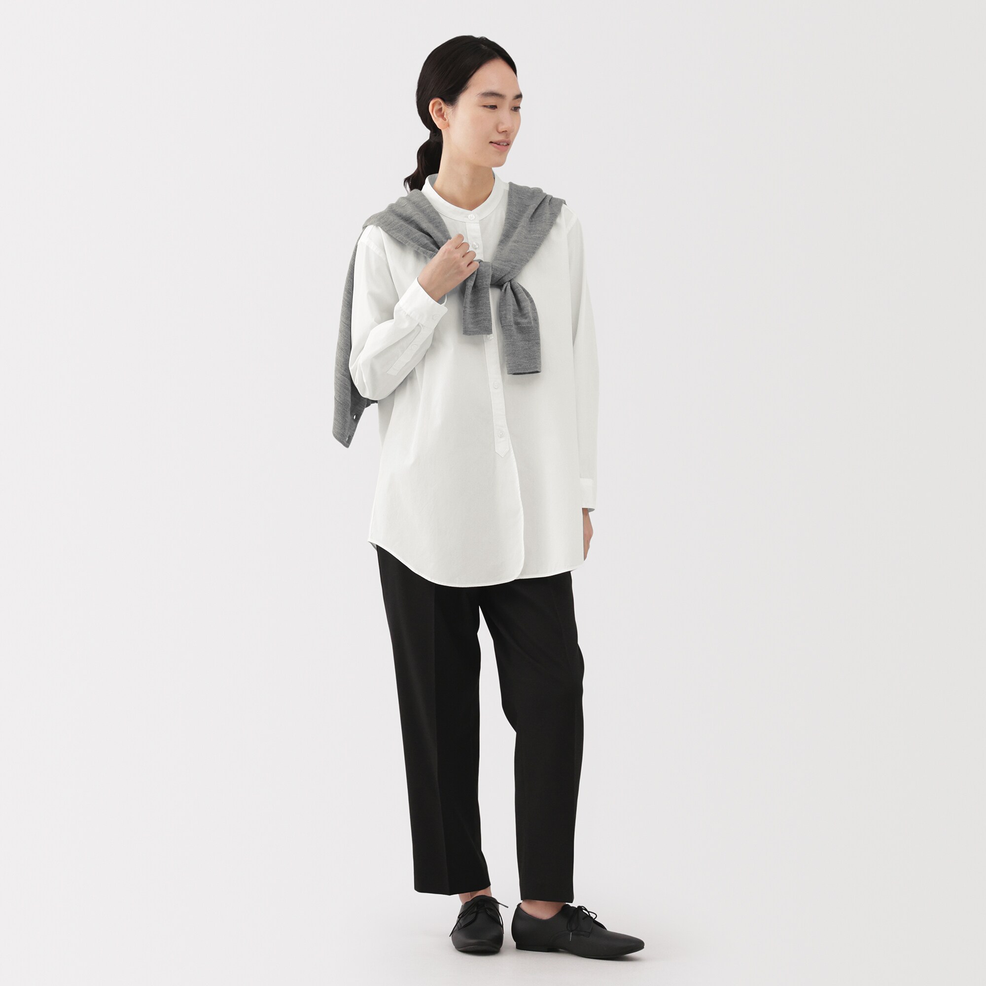 婦人　洗いざらし　ブロードスタンドカラー長袖ロングシャツ