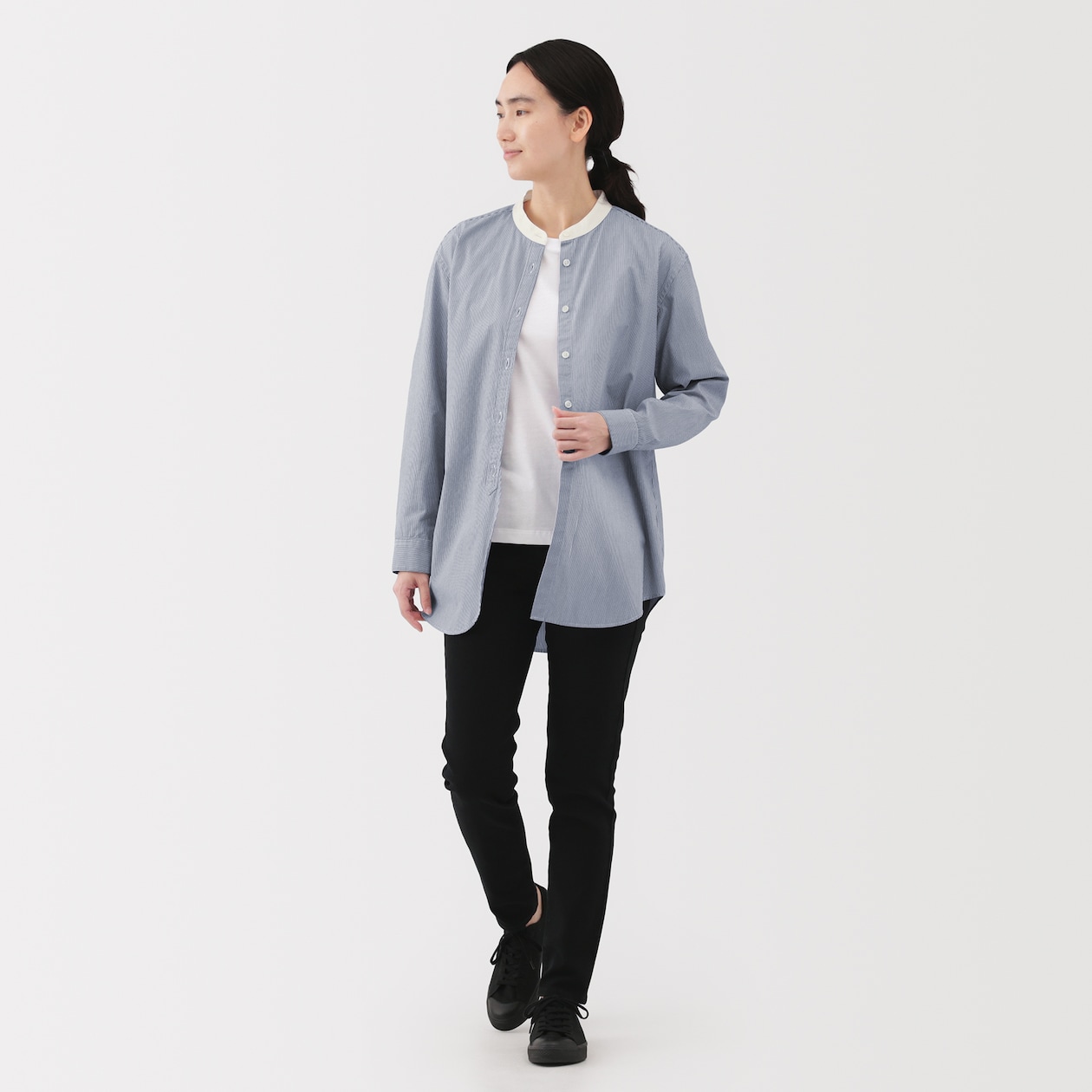 婦人　洗いざらし　ブロードスタンドカラー長袖ロングシャツ