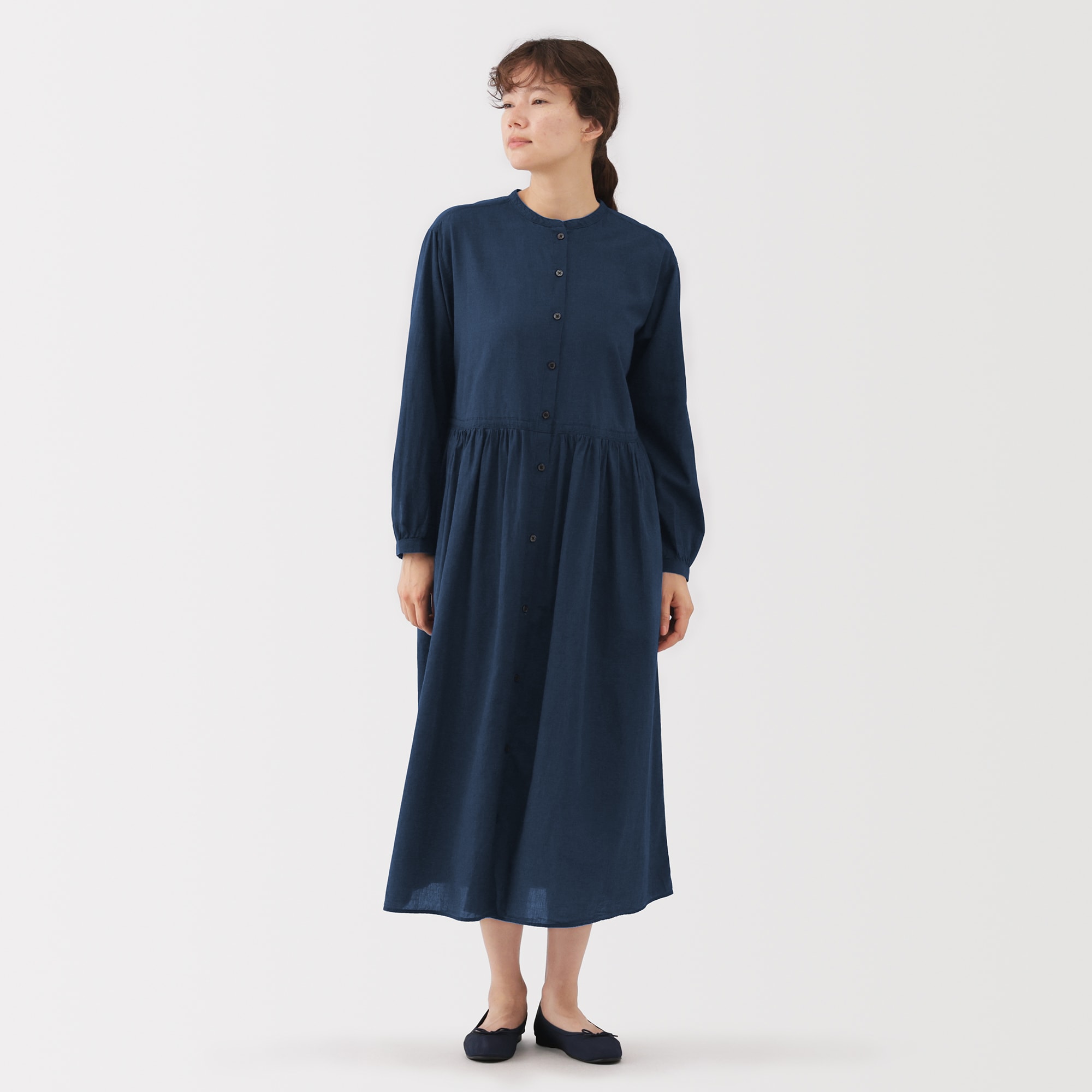 45R インディゴ染め ロングワンピース 美品】45R 45rpm インディゴ天竺ワーキングワンピース ロング