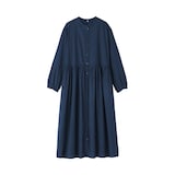 婦人　綿ボイル　インディゴ染め長袖ワンピース