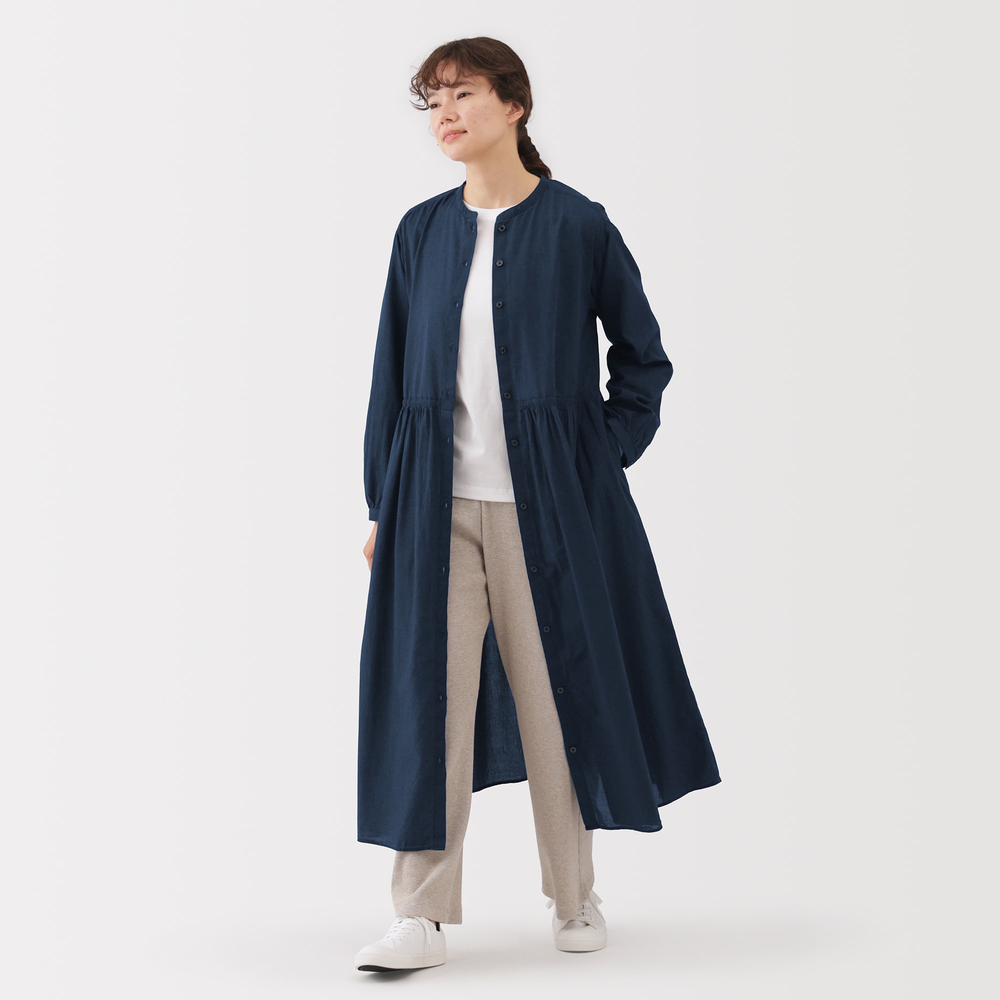 婦人 綿ボイル インディゴ染め長袖ワンピース | 無印良品