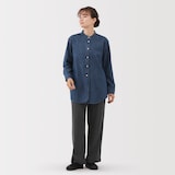 婦人　洗いざらし　デニムスタンドカラー長袖ロングシャツ