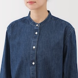 婦人　洗いざらし　デニムスタンドカラー長袖ロングシャツ