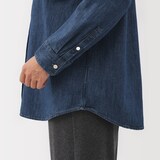 婦人　洗いざらし　デニムスタンドカラー長袖ロングシャツ
