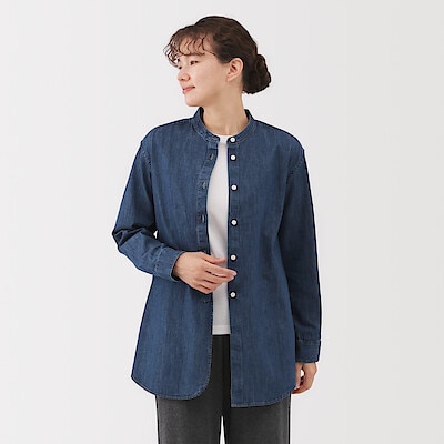 【８月中旬発売予定】婦人　洗いざらし　デニムスタンドカラー長袖ロングシャツ