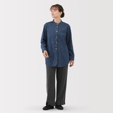 婦人　洗いざらし　デニムスタンドカラー長袖ロングシャツ