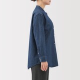 婦人　洗いざらし　デニムスタンドカラー長袖ロングシャツ