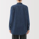 婦人　洗いざらし　デニムスタンドカラー長袖ロングシャツ
