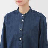 婦人　洗いざらし　デニムスタンドカラー長袖ロングシャツ