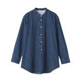 婦人　洗いざらし　デニムスタンドカラー長袖ロングシャツ