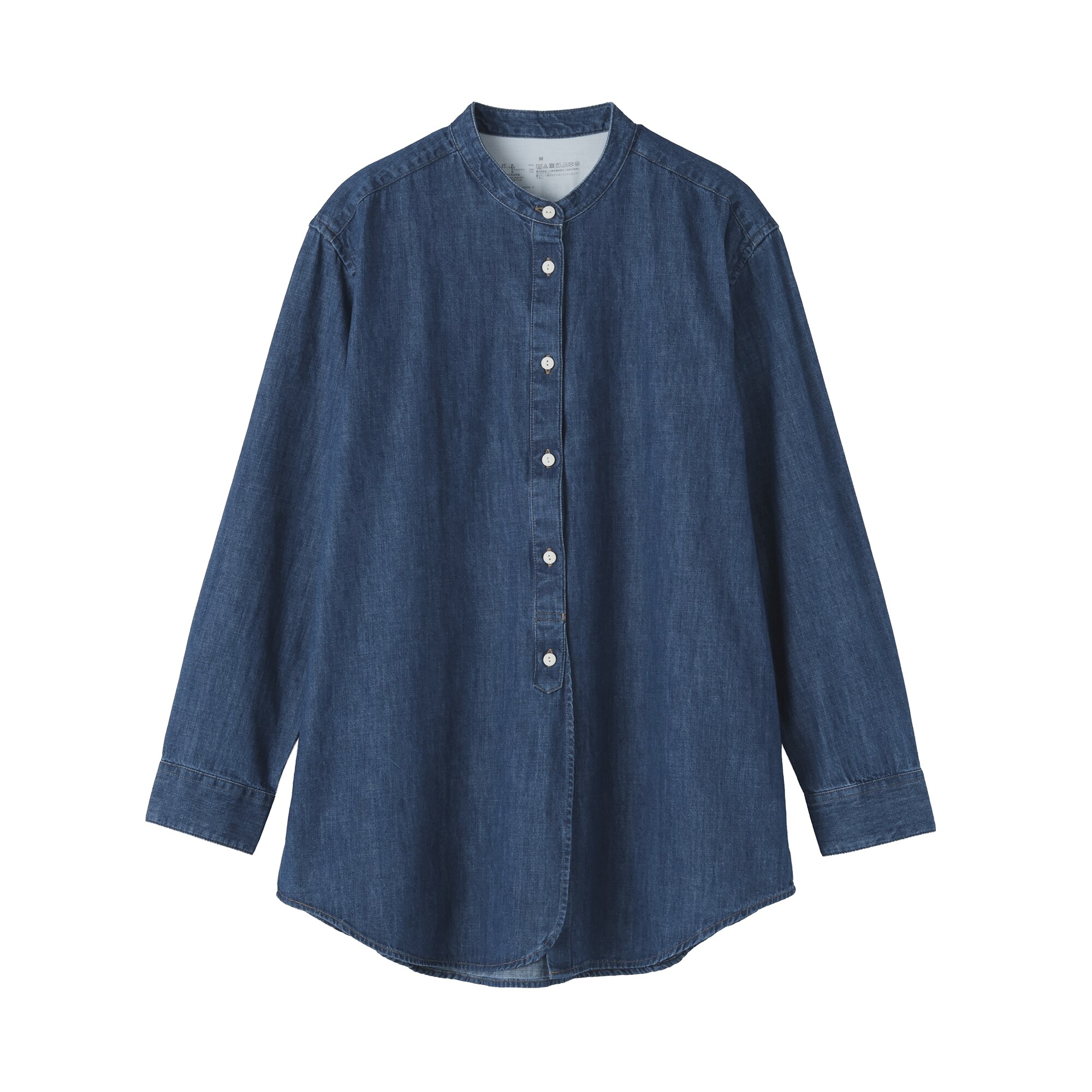 婦人　洗いざらし　デニムスタンドカラー長袖ロングシャツ