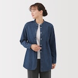 婦人　洗いざらし　デニムスタンドカラー長袖ロングシャツ