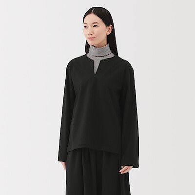 婦人　縦横ストレッチ起毛プルオーバー長袖ブラウス