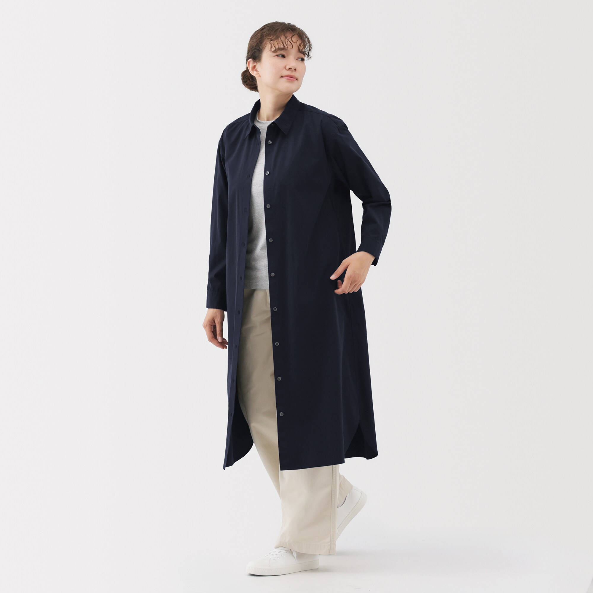 婦人　洗いざらし　ブロード長袖シャツワンピース