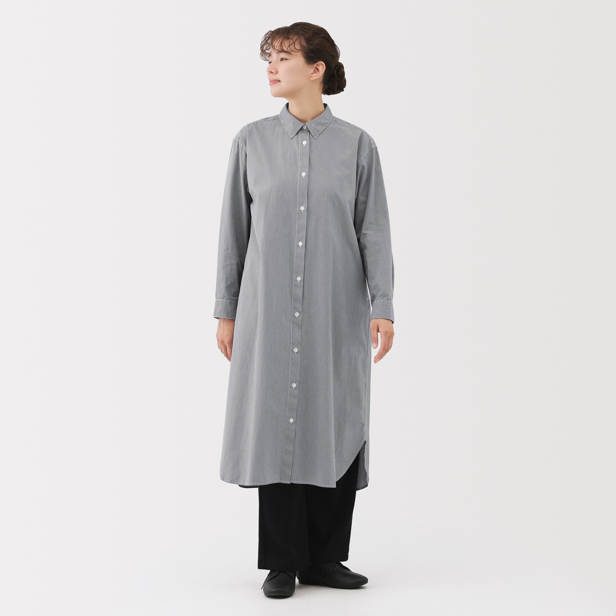 婦人　洗いざらし　ブロード長袖シャツワンピース