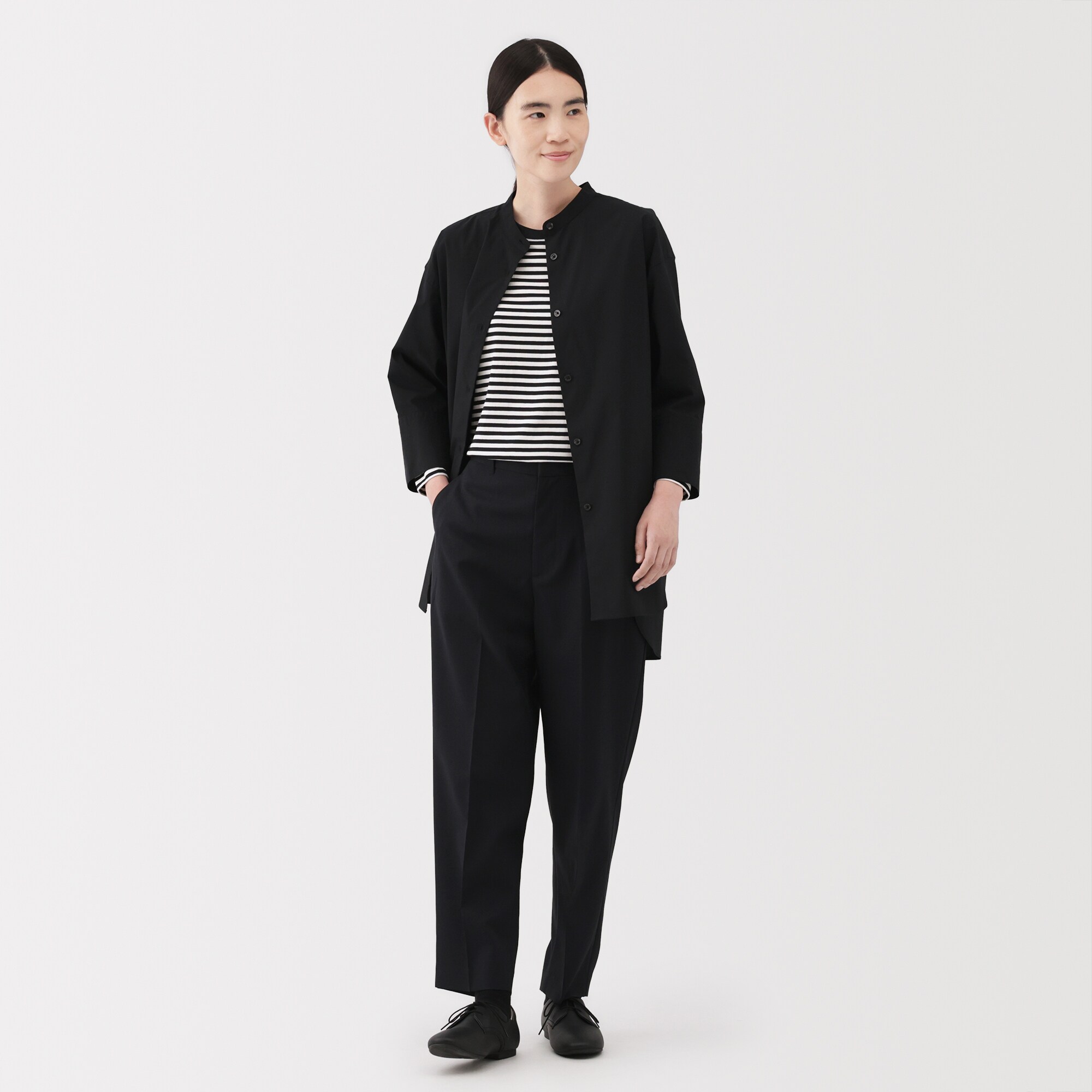 婦人　乾きやすい　ブロード七分袖シャツチュニック