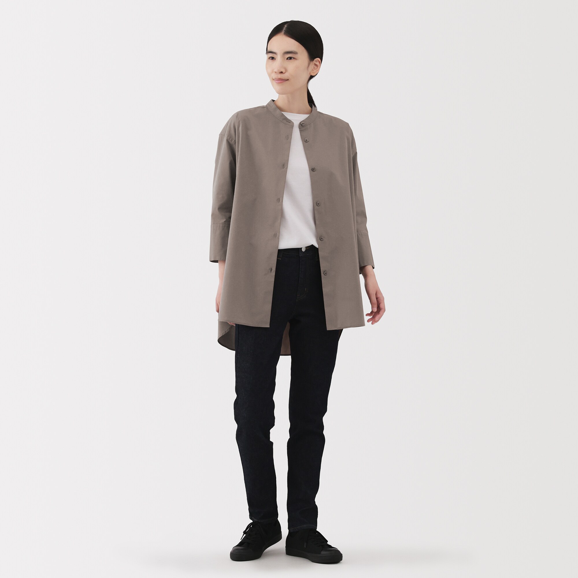 婦人　乾きやすい　ブロード七分袖シャツチュニック