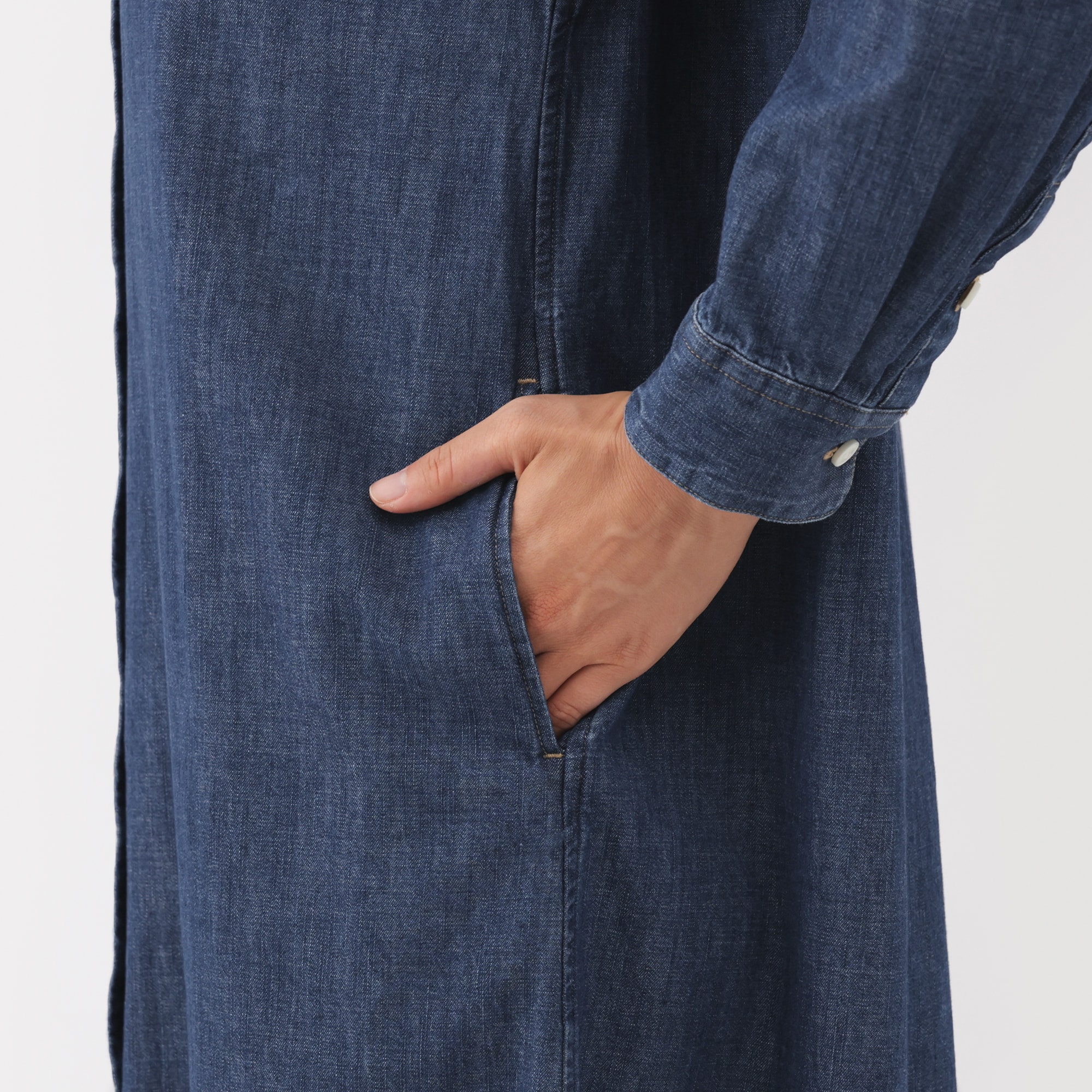 婦人　洗いざらし　デニム長袖シャツワンピース