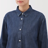 婦人　洗いざらし　デニム長袖シャツワンピース