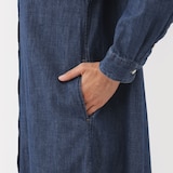 婦人　洗いざらし　デニム長袖シャツワンピース