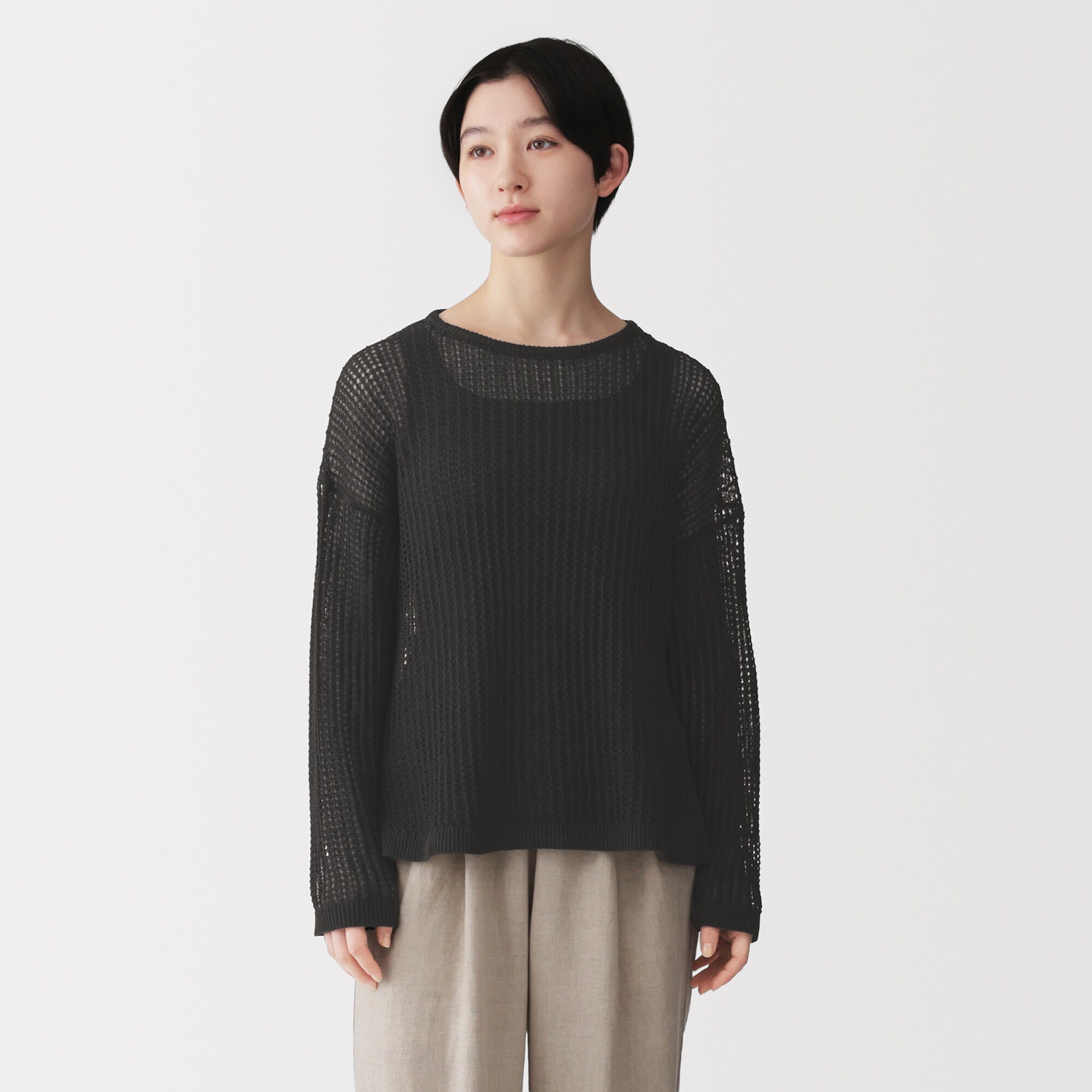 婦人　リネン混透かし編みワイドセーター