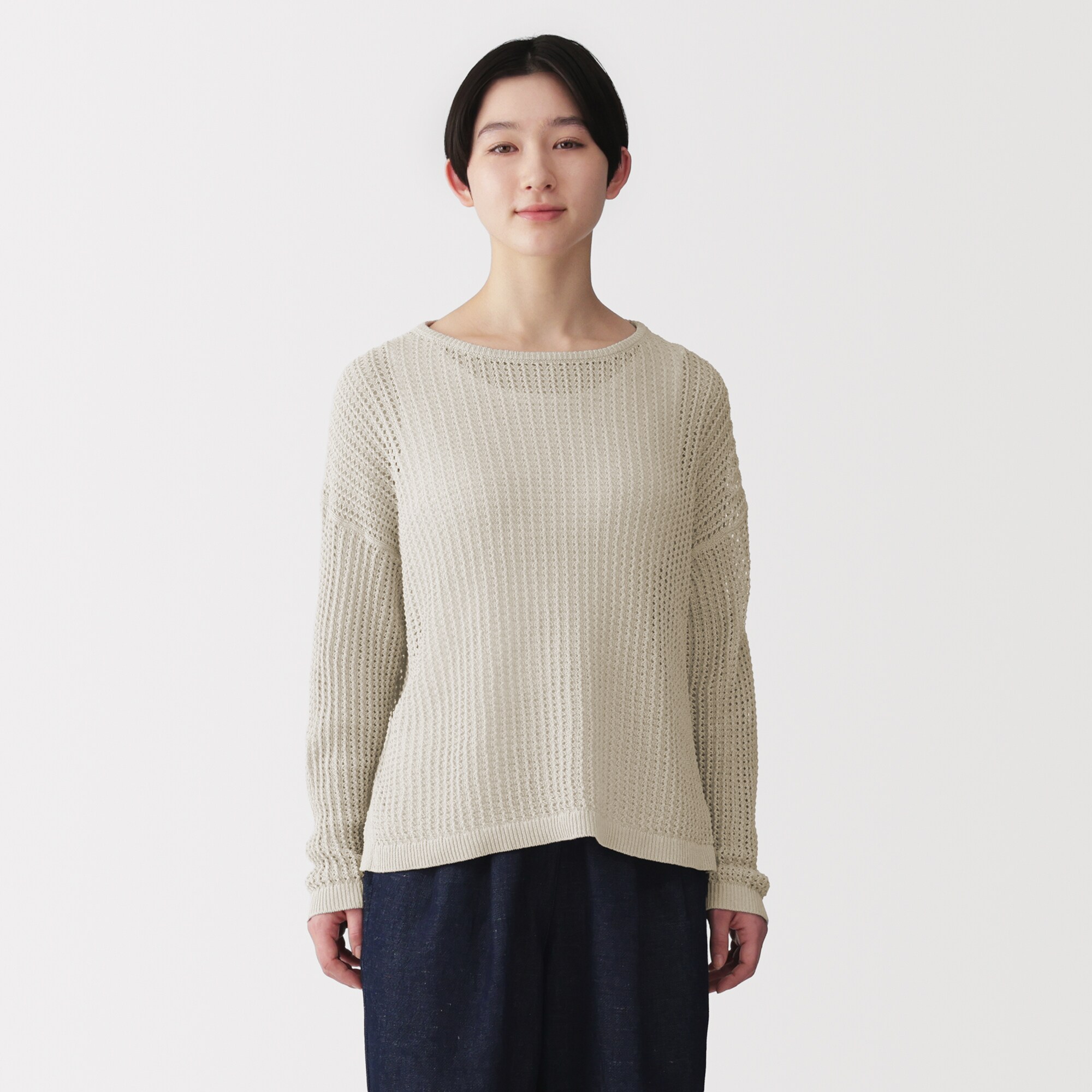 婦人　リネン混透かし編みワイドセーター
