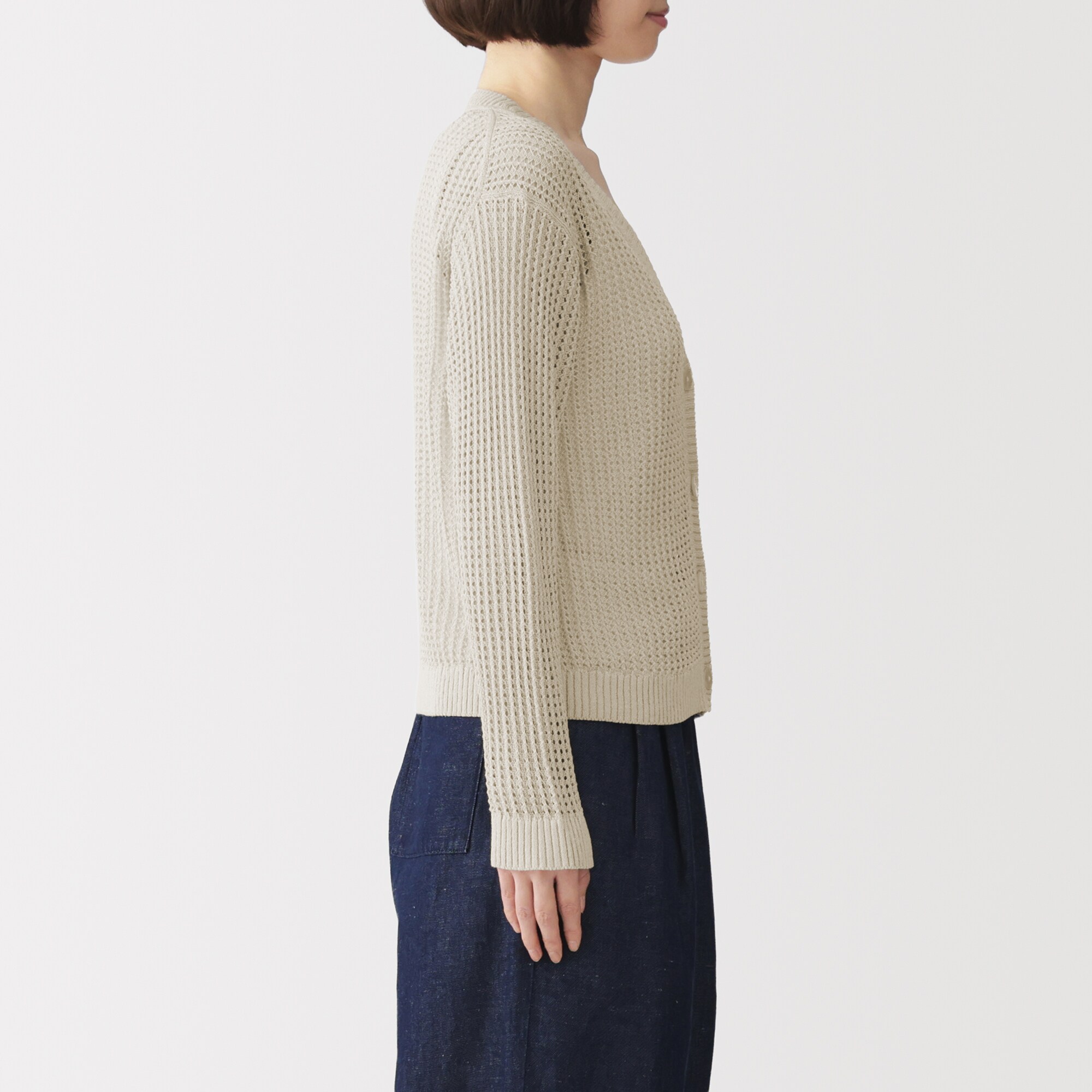 婦人　リネン混透かし編みＶネックカーディガン