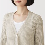 婦人　リネン混透かし編みＶネックカーディガン