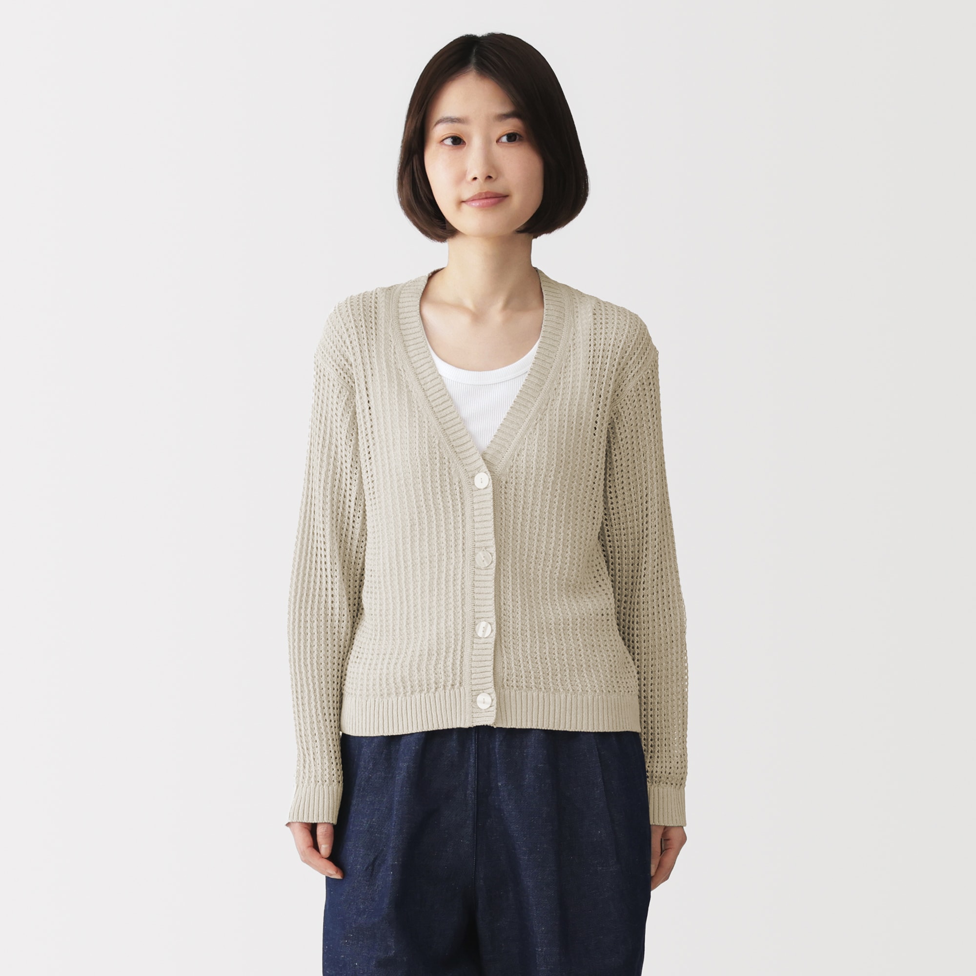 婦人 リネン混透かし編みVネックカーディガン | 無印良品