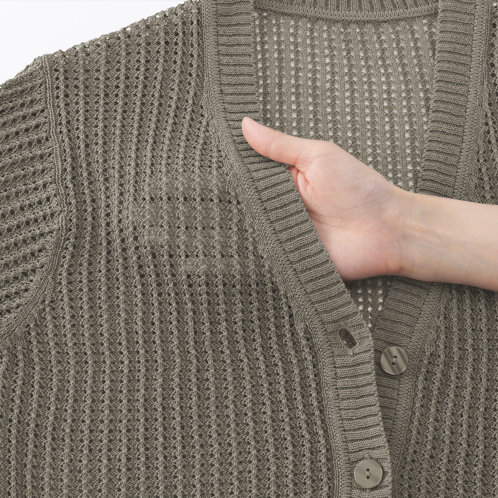 婦人　リネン混透かし編みＶネックカーディガン