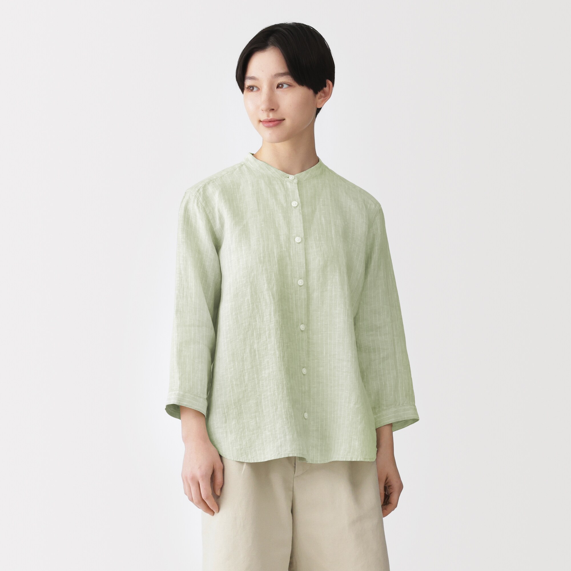 婦人　リネン　洗いざらし　七分袖ブラウス