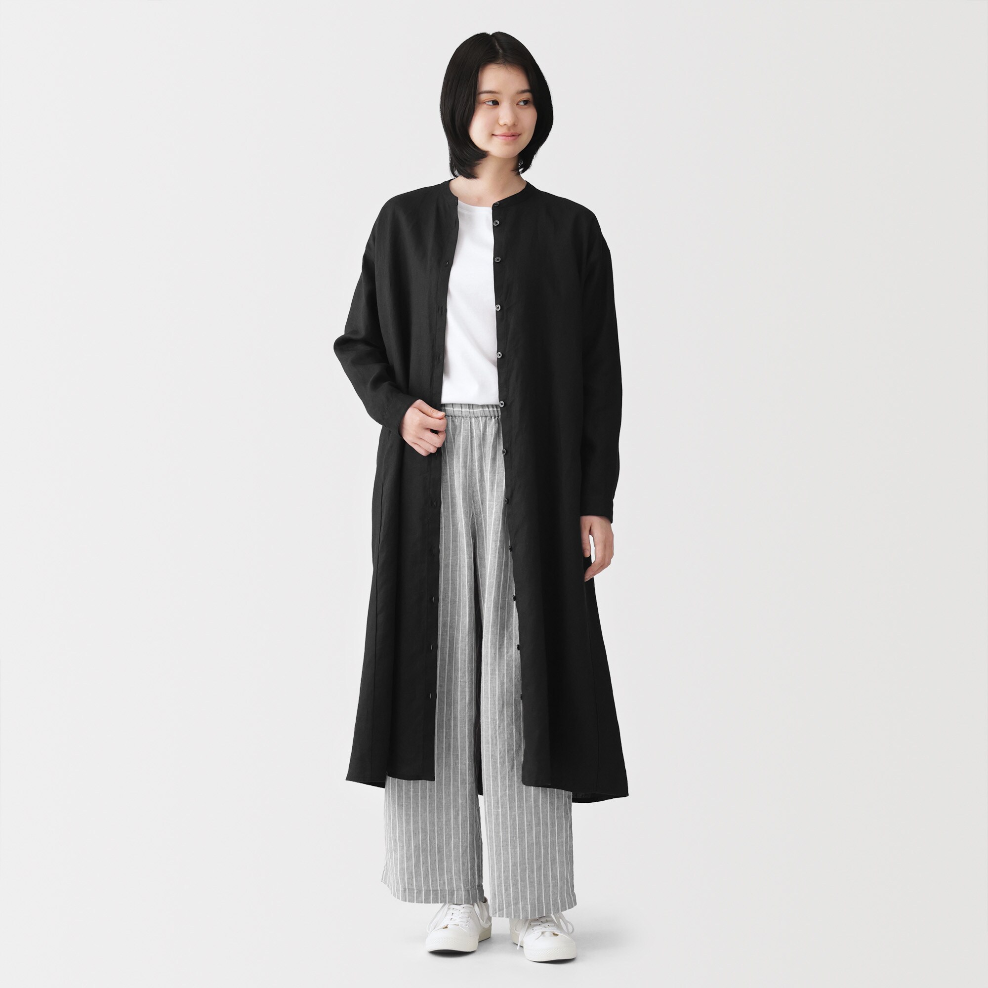 婦人　リネン　洗いざらし　長袖シャツワンピース