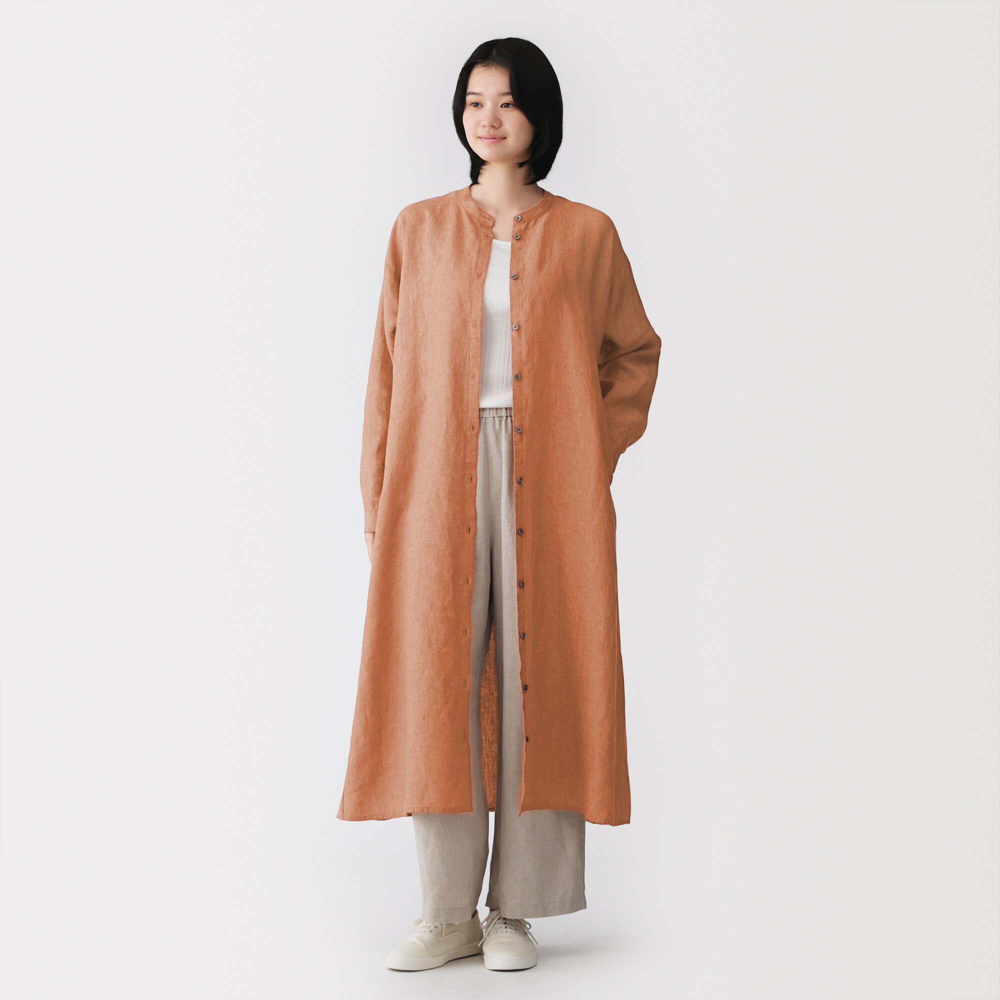 婦人　リネン　洗いざらし　長袖シャツワンピース