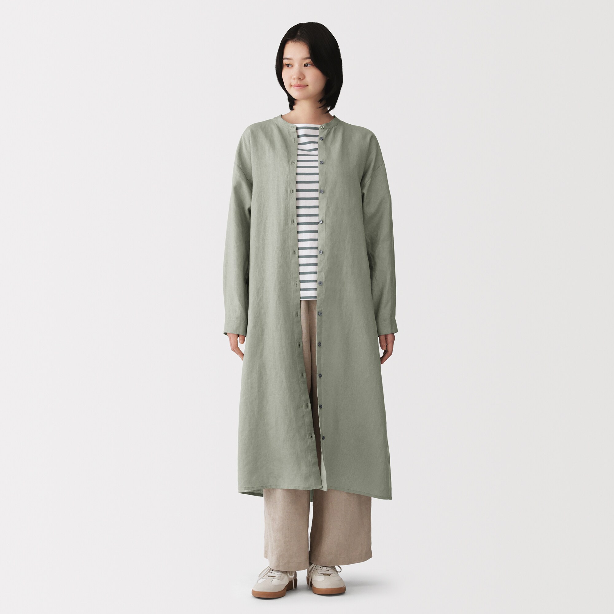 婦人　リネン　洗いざらし　長袖シャツワンピース