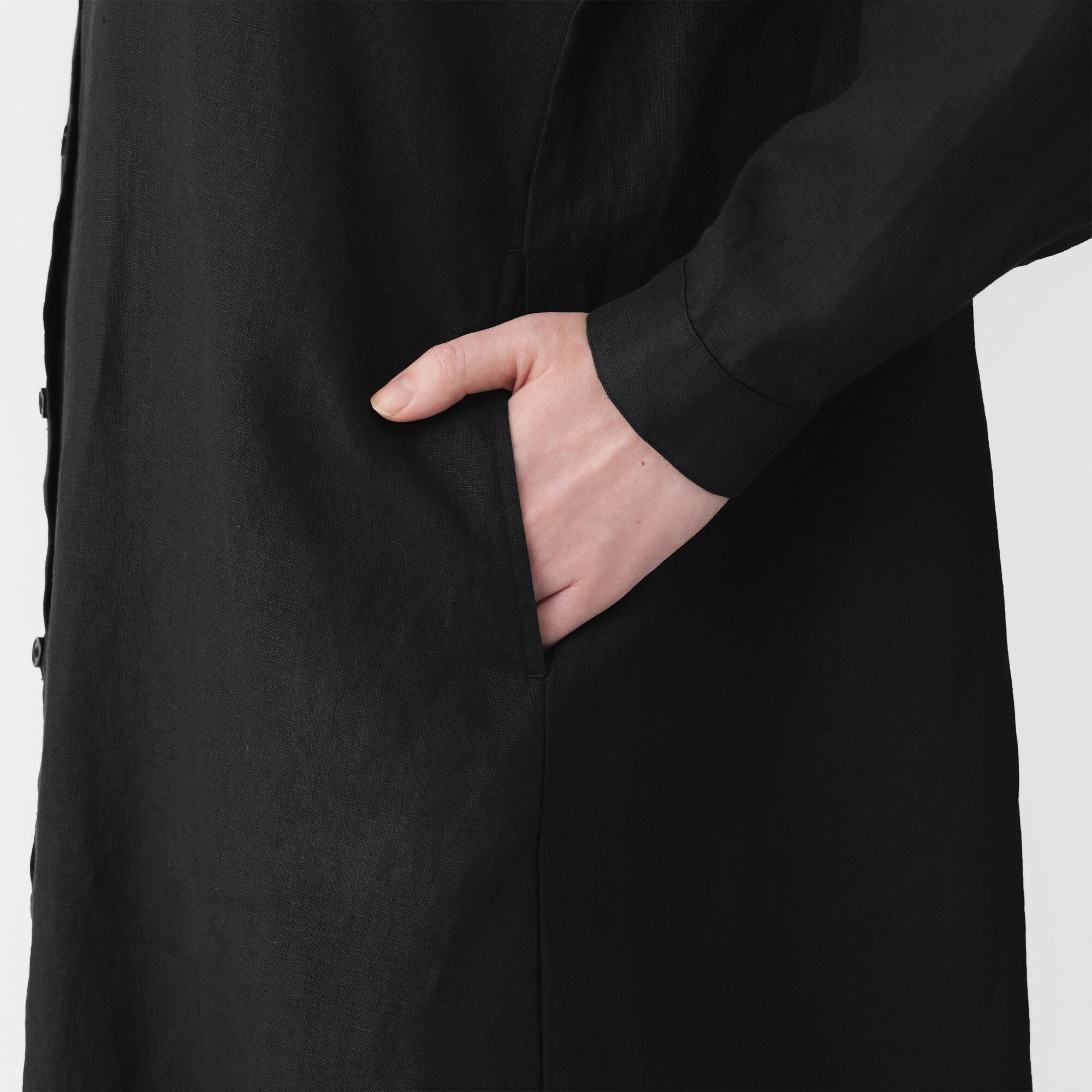 婦人　リネン　洗いざらし　長袖シャツワンピース