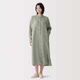 婦人　リネン　洗いざらし　長袖シャツワンピース